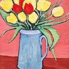 Flowers Painting, Tulips, Jug, Colourful Bold Still Life, Acrylics on Canvas