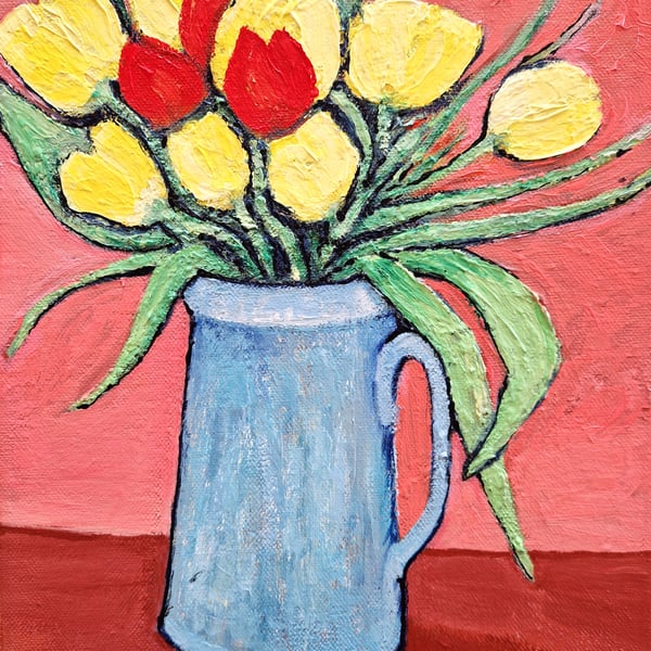 Flowers Painting, Tulips, Jug, Colourful Bold Still Life, Acrylics on Canvas