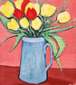 Flowers Painting, Tulips, Jug, Colourful Bold Still Life, Acrylics on Canvas