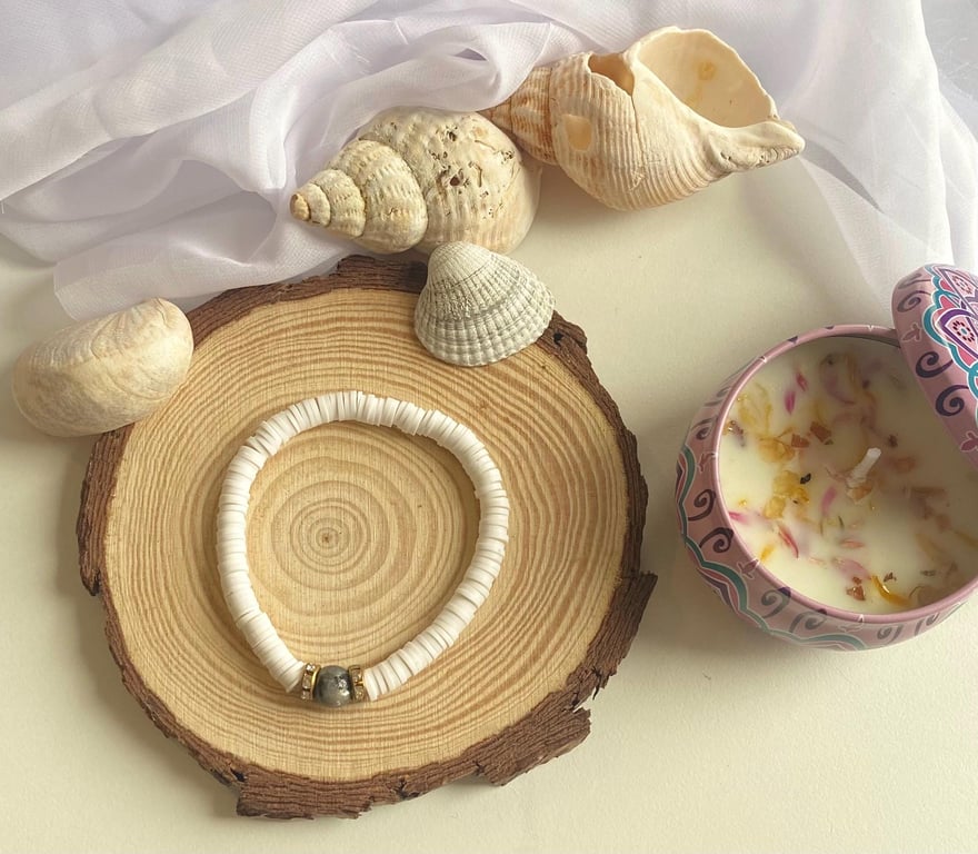 Black Stone Charmed Handmade Clay Bead Stretch Bracelet