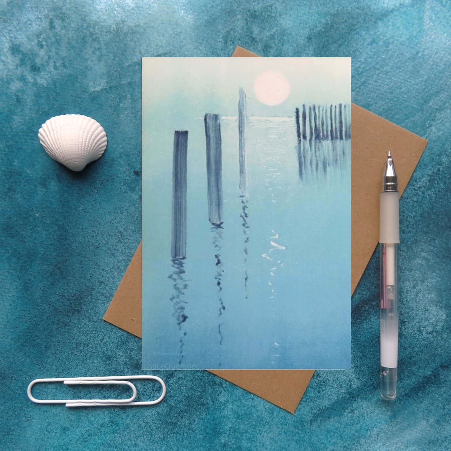 Blank art greeting card ocean and moon reflections cellophane free