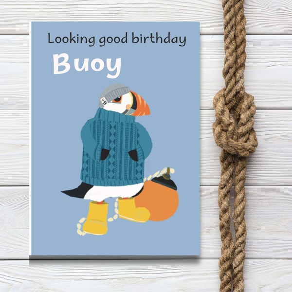 Greeting card male relative friend- cute puffin card illustration