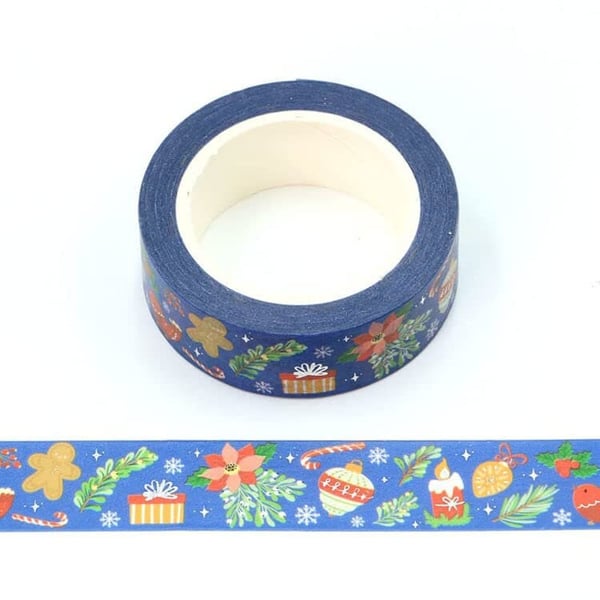 Blue Foil Christmas Pattern Embossed Decorative Tape 15mm x 10m for Scrapbooking