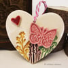 Ceramic heart floral decoration Butterfly gift for gardeners, pottery heart 