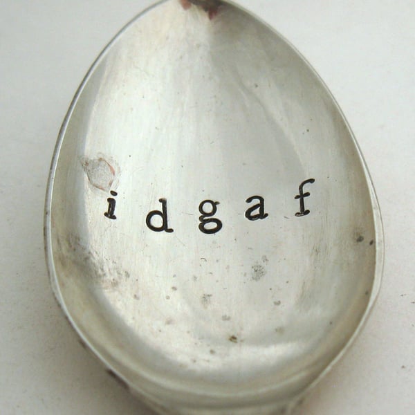 Rude handstamped vintage coffee spoon, idgaf