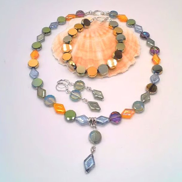 Rainbow Coloured Iridescent Bead Necklace Bracelet and Earrings, Gift for Her
