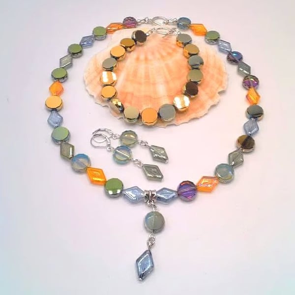 Rainbow Coloured Iridescent Bead Necklace Bracelet and Earrings, Gift for Her
