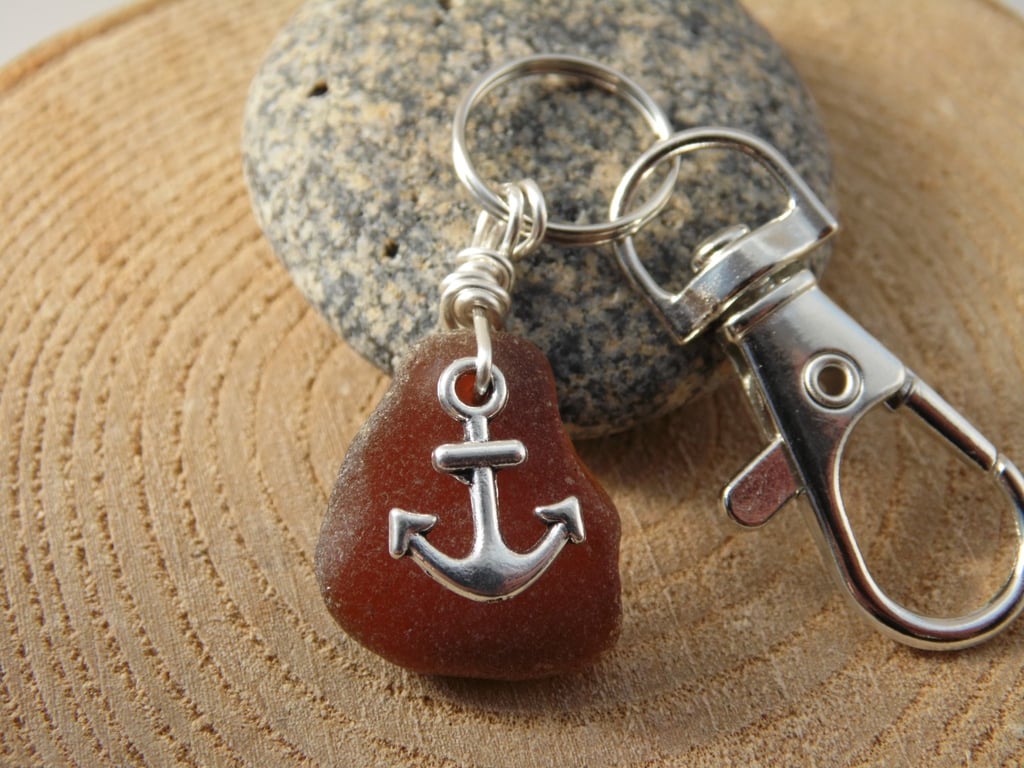 Amber Cornish Sea Glass with Anchor Charm Bag Charm Keyring K483