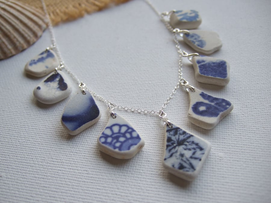 Scottish sea pottery necklace, beach pottery jewelery, beach necklace blue