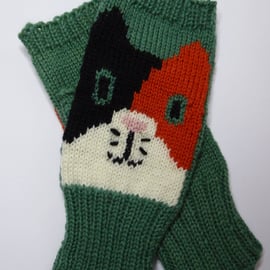 Calico Cat Wool Knit Fingerless Gloves