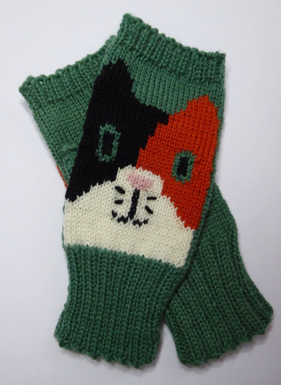 Calico Cat Wool Knit Fingerless Gloves