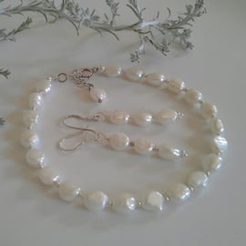 AAA Grade Ivory White Keshi Pearl Bridal Bracelet & Earrings Set Sterling Silver