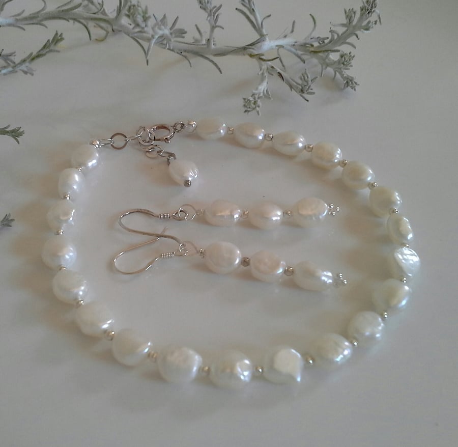 Ivory White Keshi Pearl Bridal Bracelet & Earrings Set Sterling Silver