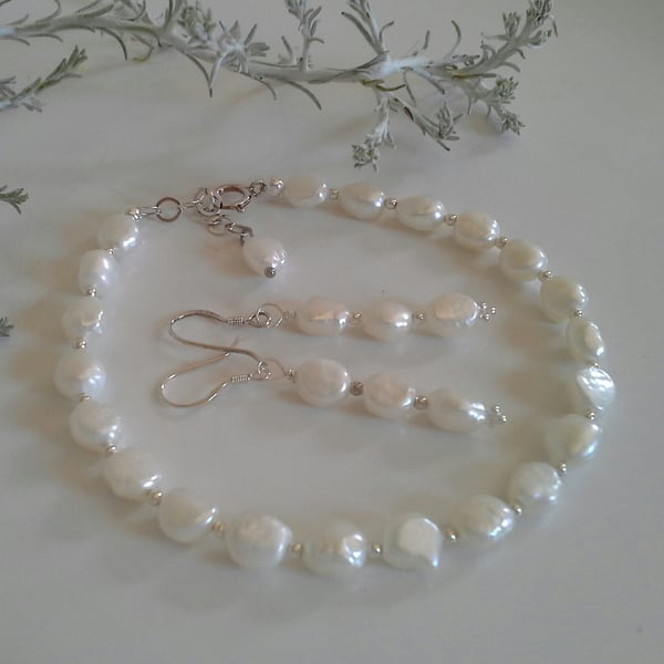 Ivory White Keshi Pearl Bridal Bracelet & Earrings Set Sterling Silver