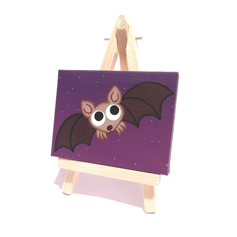 Cute Flying Bat Mini Painting - original acrylic art on miniature canvas 