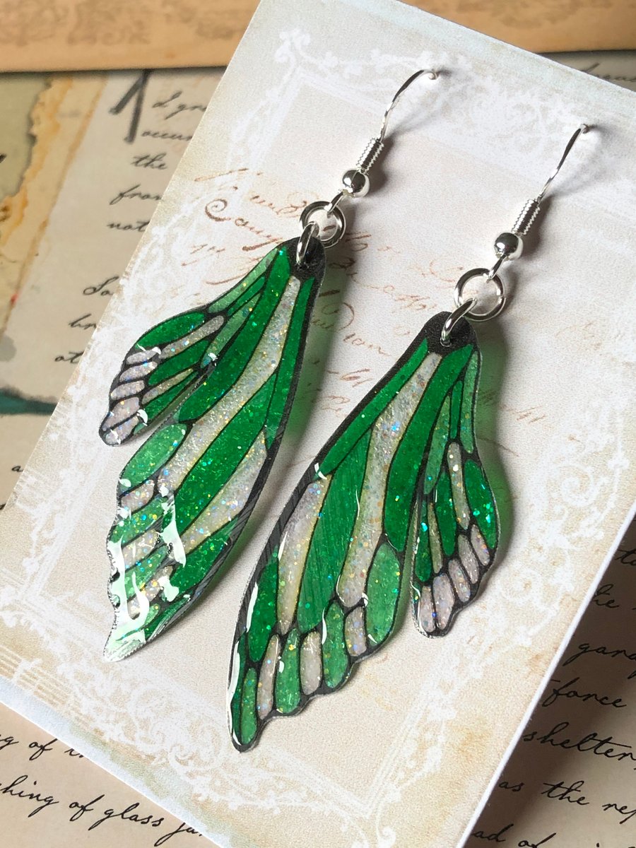 Green Double Fairy Wing Earrings Sterling Silver