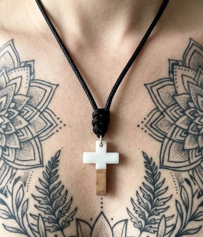 Minimalist White Stone & Wood Effect Cross Necklace - Ritual-Craft Talisman