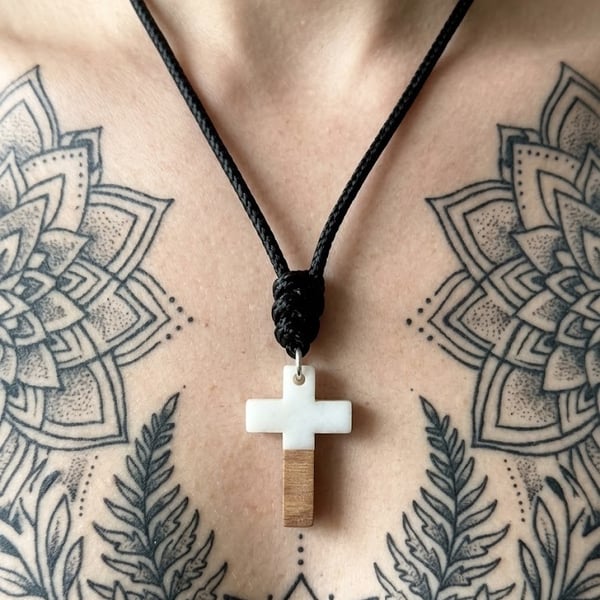 Minimalist White Stone & Wood Effect Cross Necklace - Ritual-Craft Talisman