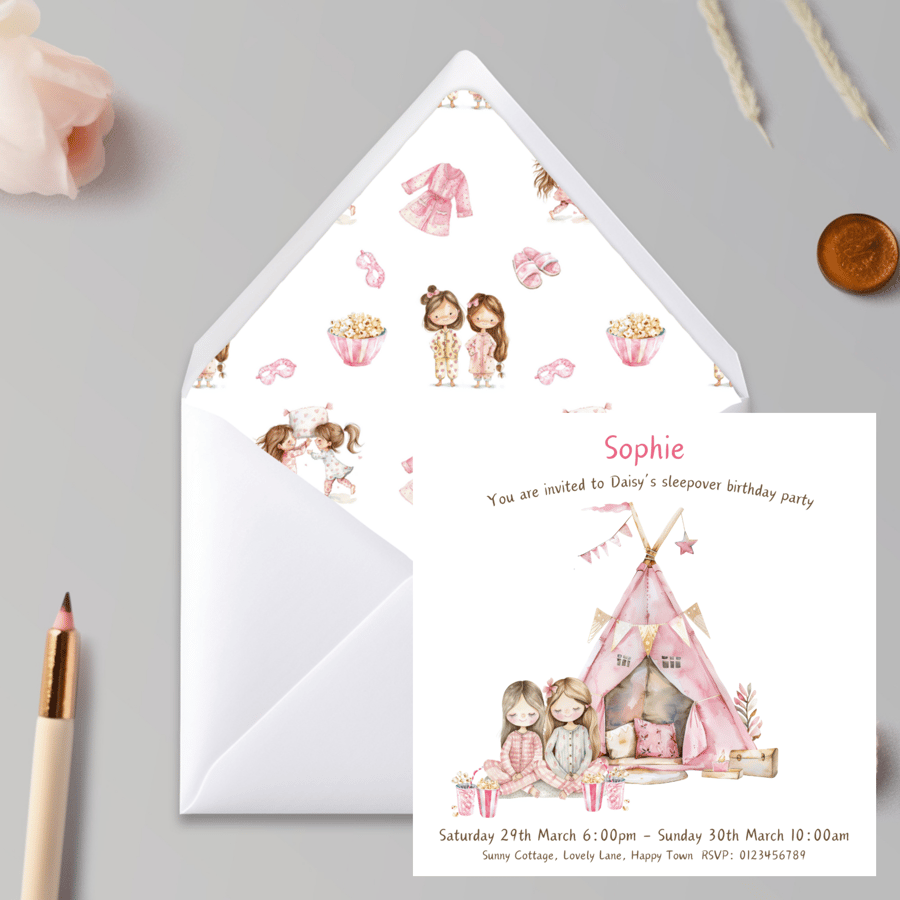 Sleep Over Birthday Invitations, personalised with matching envelopes