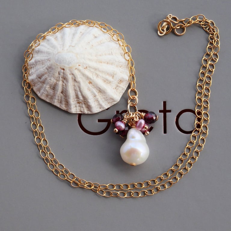 Baroque Pearl Pendant with Pearl and Garnet Cluster - 14k Gold Filled Chain 