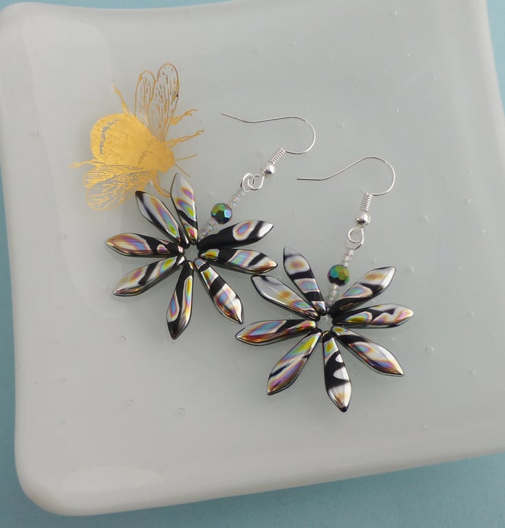 Black and Silver Rainbow Daisy Flower Statement Earrings
