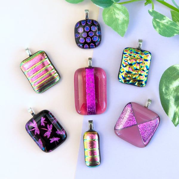 Bright Pink and Purple Glittery Dichroic Fused Glass Pendants