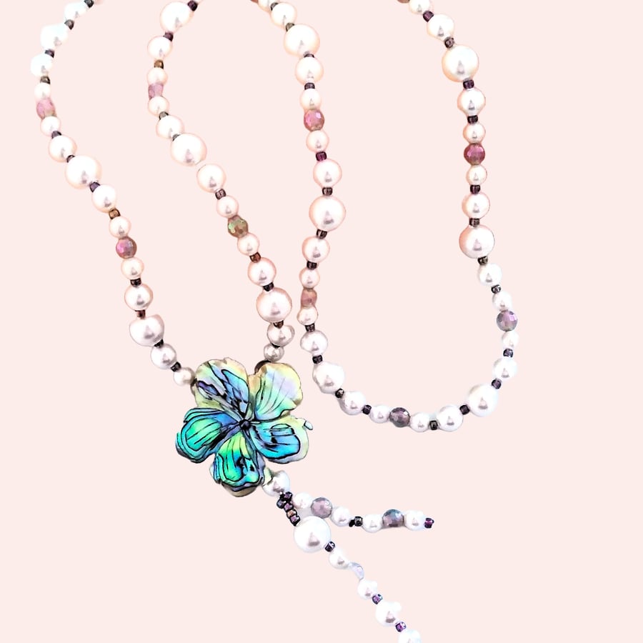 Shell Pearl Long Overhead Necklace with Abalone Flower 28 Inch Opera Length