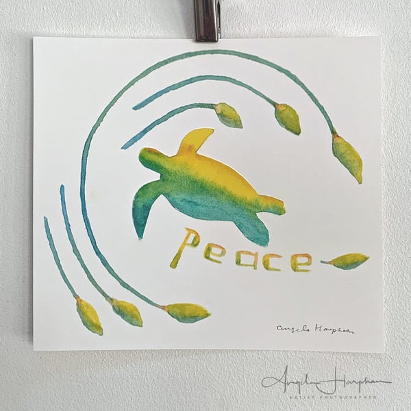 Digital & Watercolour Art Print - Peace Turtle and Peace Lily Buds