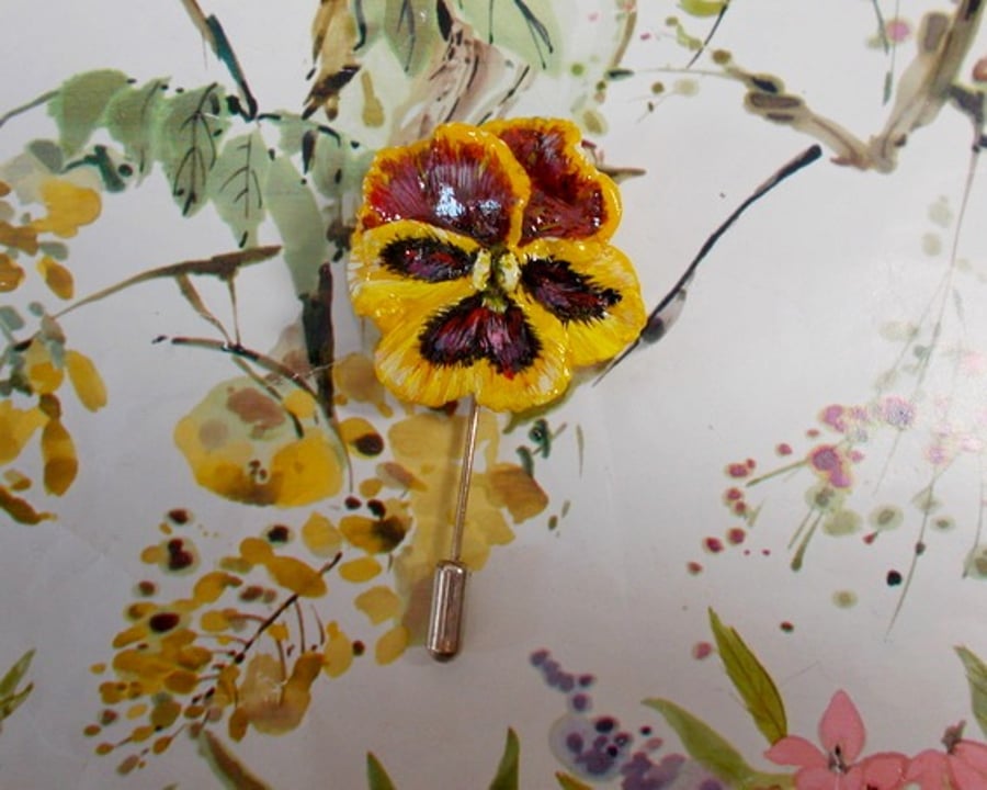 YELLOW PANSY PIN Viola 3D Clay Remembrance Lapel Flower Pin HANDMADE HANDPAINTED