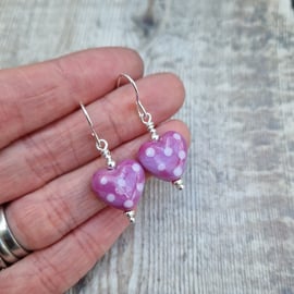 Sterling Silver Pink Spotty Lampwork Glass Heart Earrings