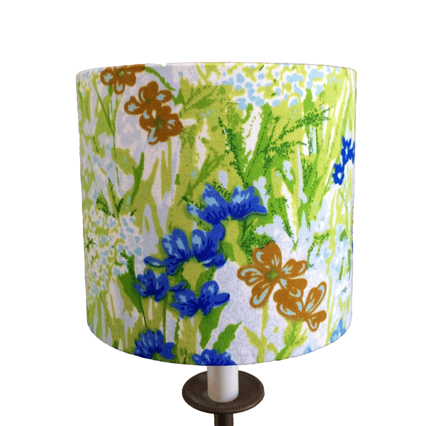 Spring Greens Blue Flowers 70s 80s Modern Cottage Core Vintage Fabric Lampshade