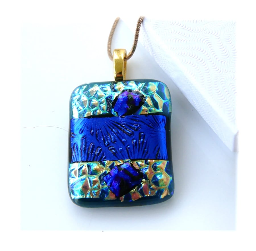 Dichroic Glass Pendant 281 Blue Sparkle Handmade with gold plated chain