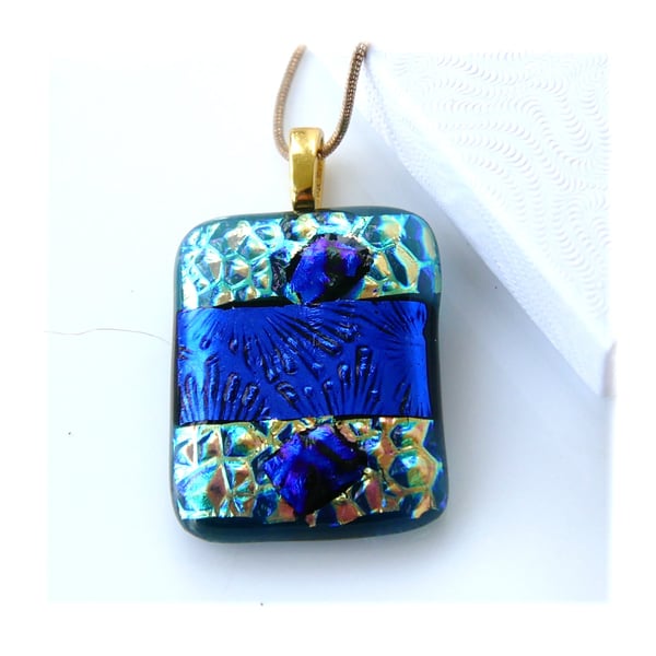Dichroic Glass Pendant 281 Blue Sparkle Handmade with gold plated chain