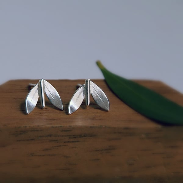 Leaf Stud Earrings, Simple Silver Leaves, Sterling Silver, Handmade Jewellery
