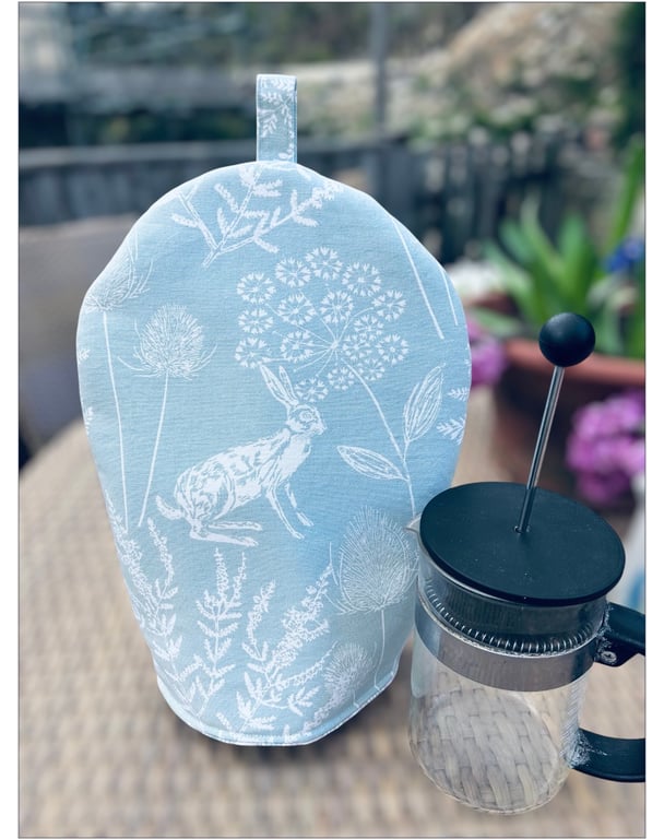 Kielder Hare Fabric Coffee Pot Cosy - Padded Duck Egg Blue  