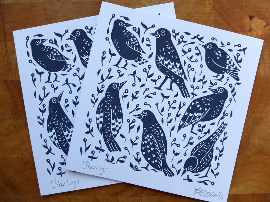 'Starlings' Birds Lino Print Greetings Card