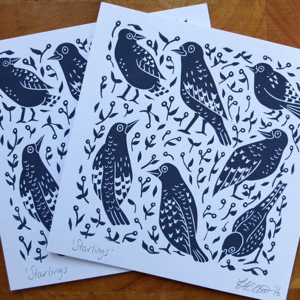 'Starlings' Birds Lino Print Greetings Card