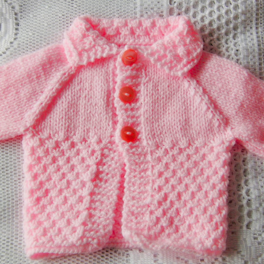 Baby Girl's Hand Knitted Pink Daisy Patterned Cardigan, Baby Shower Gift
