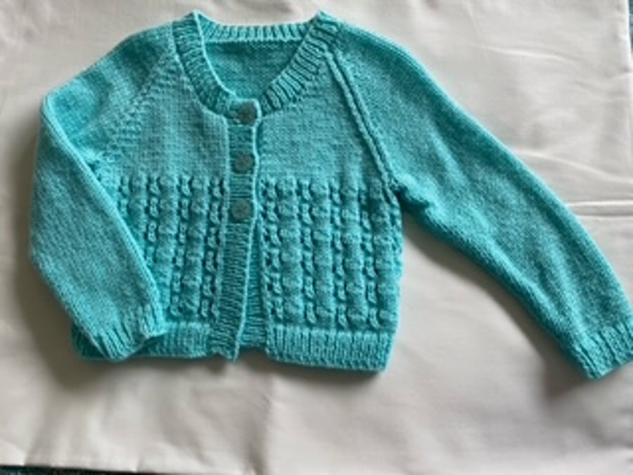 Hand Knitted  Girls Blue Cardigan 22"