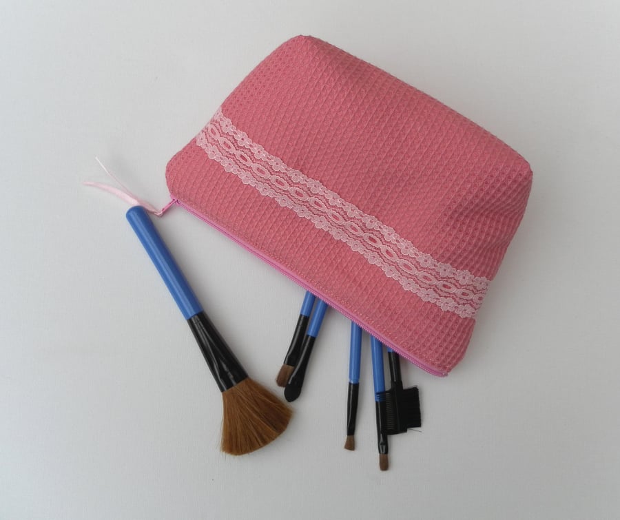  Make Up Bag, pink fabric with zip
