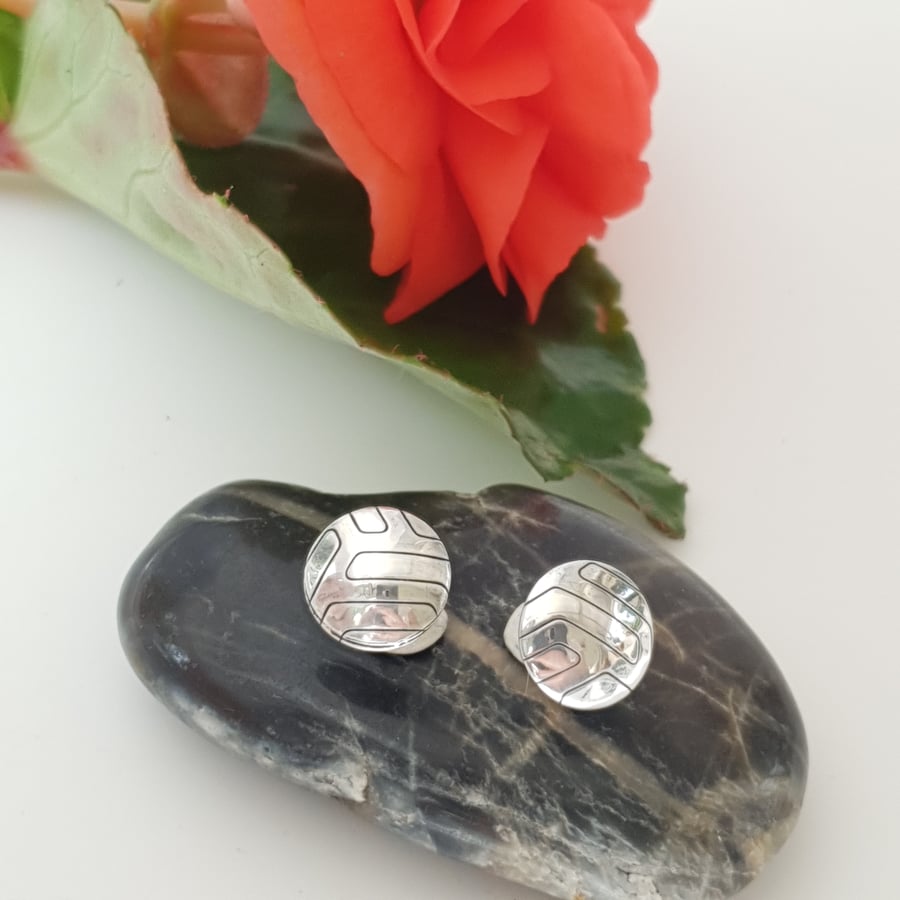 Sterling Silver Domed Stud Earrings With Geometric Textured Pattern Free UK Post