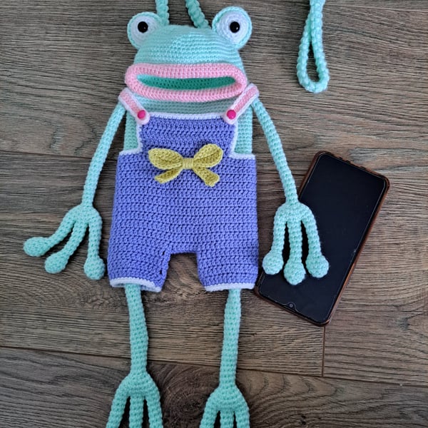 Handmade Crochet Frog Phone Bag, Cute  Crossbody Phone Holder