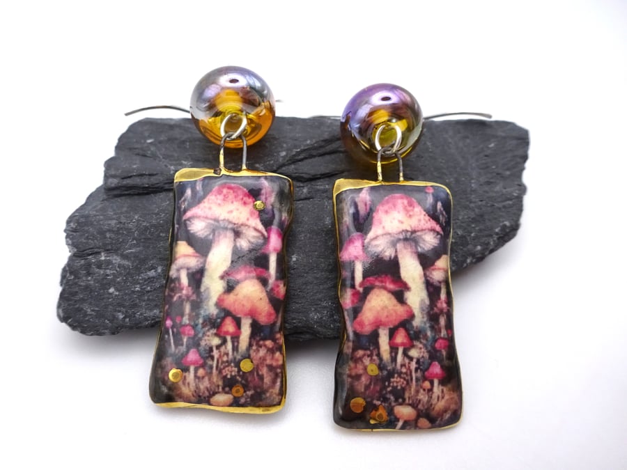 ceramic toadstools and gold lampwork glass earrings