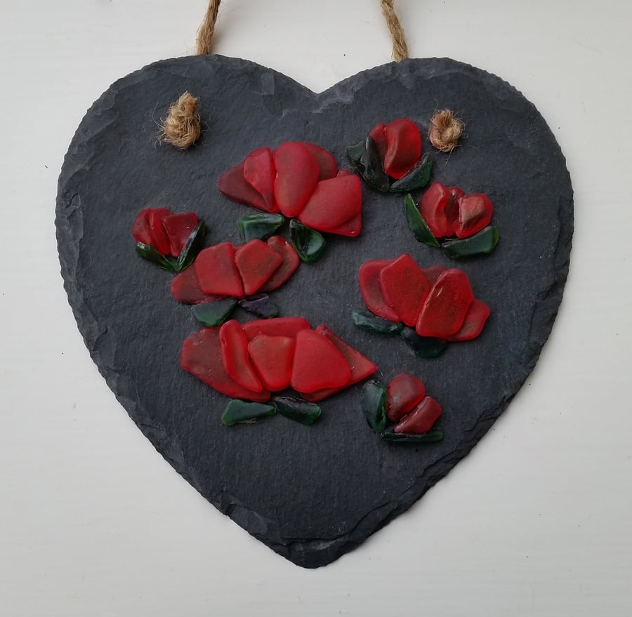 Anniversary Gift, Birthday Gift, Ruby, Red Roses, Slate Heart 