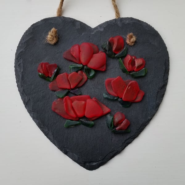 Anniversary Gift, Birthday Gift, Ruby, Red Roses, Slate Heart 