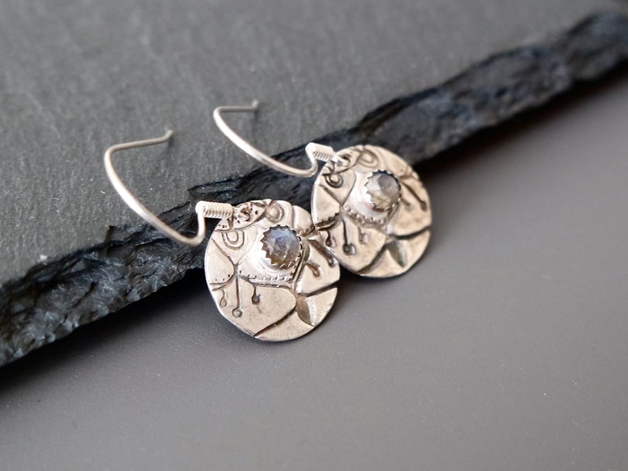 Labradorite Fine Silver Earrings, Mandala Flowers - Heirloom Collection