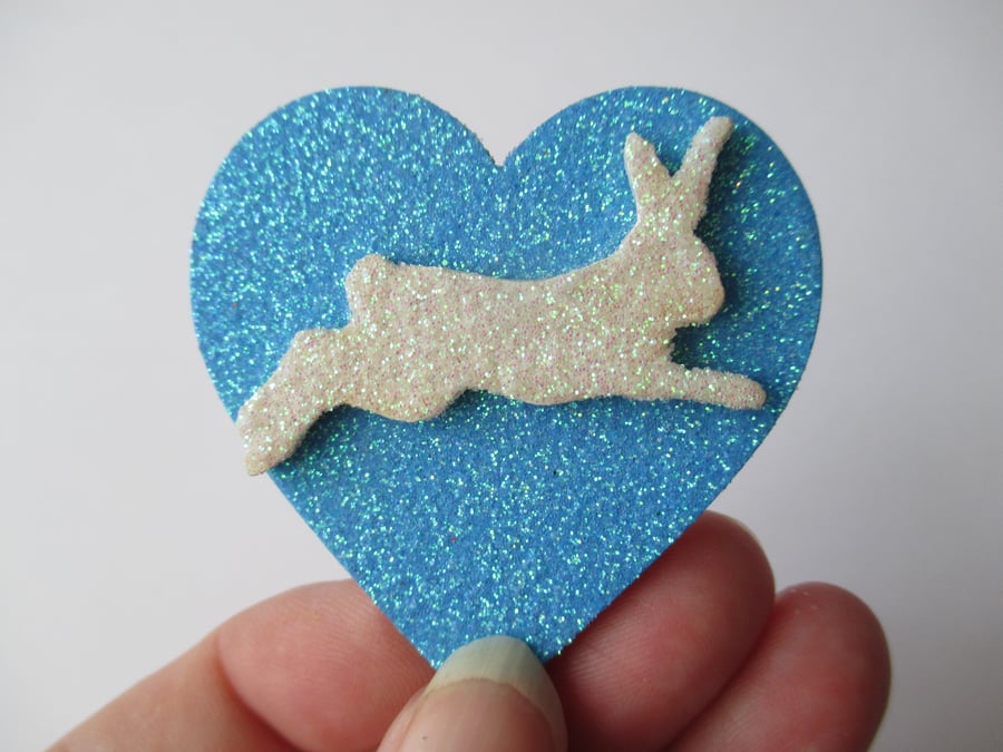 Bunny Rabbit Love Heart Fridge Magnet Wood Wooden Glittery Bow Blue White