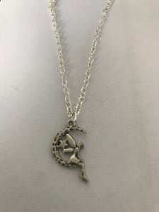 fairy sitting on moon pendant necklace silver plated 18" curb chain