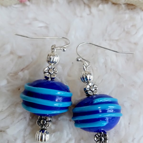 Turquoise on blue globe Lampwork glass beads with Tibetan silver EARRINGS