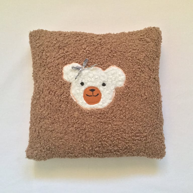 Nursery Boucle Cushion with Appliquéd Teddy Bear Feather Pad Included